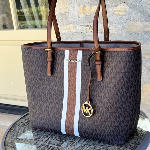 Michael Kors Jet Set Travel Medium Carry All tote&wallet brown Signature stripe - Picture 3 of 9